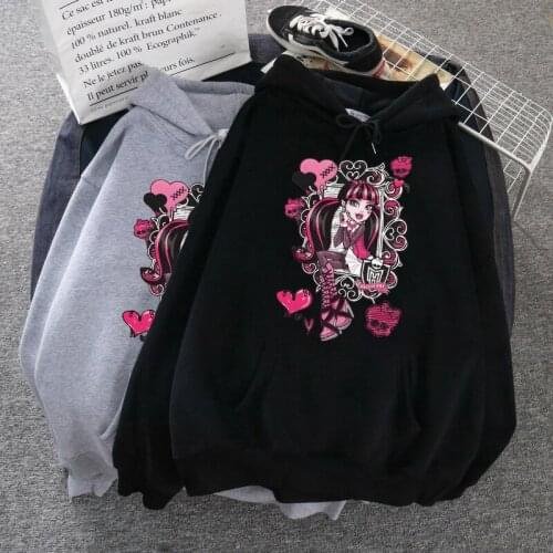 Y2k Gothic punk black hooded sweatshirt women ins female cartoon print student long sleeve o-neck dress Hood hoodie