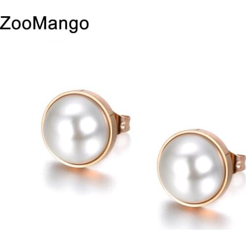 ZooMango Simulated Pearl Earrings For Women Jewelry Bijoux Brincos Pendientes Mujer Trendy Stud Earrings Stainless Steel ZE18039