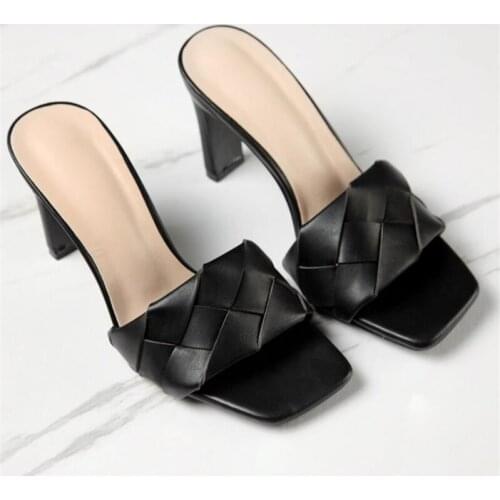 2021 Brand Design Women Slippers Elegant Ladies Square Toe High Heels Sandals Summer Outdoor Beach Slides Women Mules Shoes