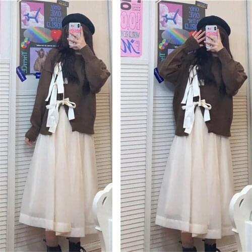 Sweet 2pcs Suit Design Sense Split Bow Long Sleeve Sweater Pullover + Mesh Long Skirt Women Student Kawaii Autumn Winter Suit