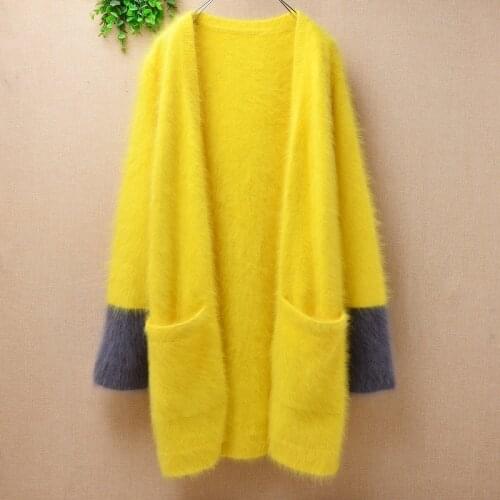 Ladies women fashion plush mink cashmere knitted long sleeves loose long sweater cardigans angora fur jacket coat pull mantle