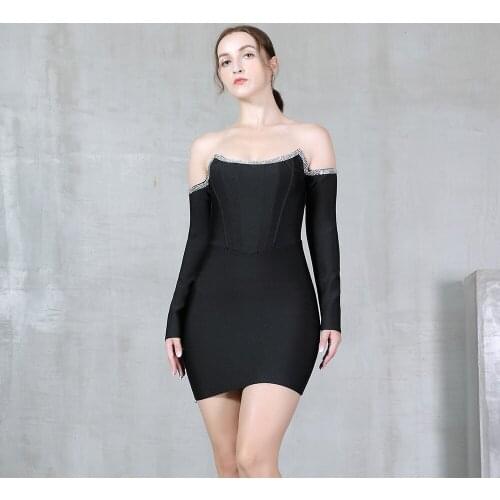 2021 New Bandage Dress Party Club Celebrity Bodycon Sexy Beading Long Sleeve Women Dress Black Autumn WinterLadies Clothing