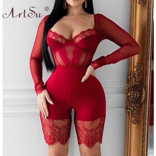 ArtSu Lace Bodysuit Long Sleeve Mesh See Through Sexy Jumpsuit Women V Neck Bodycon Rompers Plus Size Red Black Playsuit 2020