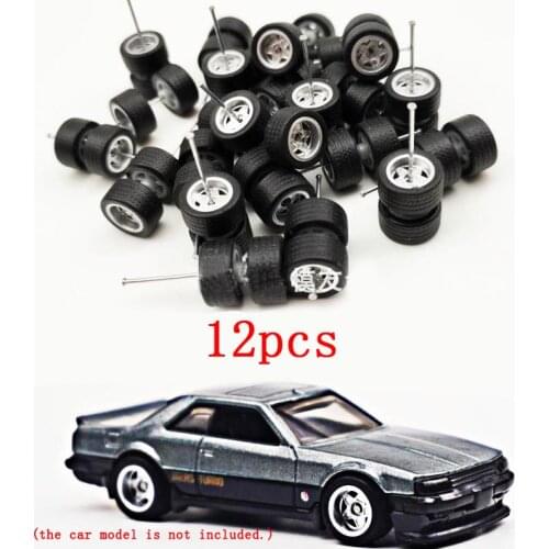 12Pcs 1:64 Car Model Rubber Tires + Wheels 1/64 Scale Spare Parts for Mini Cars Diameter 11mm