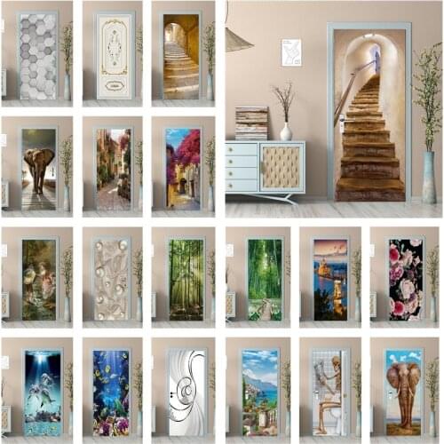 Retro Stairs 3D Wallpaper On The Door Peel& Stick Vinyl Wall Sticker Scenery Corridor Room Door Decor Mural Decal Home Art Decor