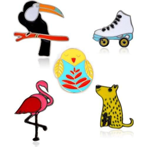 5pcs/set Creative Flamingo Badge Kawaii Rat Owl Animal Shape Pins Metal Lapel Brooches Clothing Jacket Scarf Decor Accessories