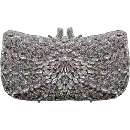 Ladies floral crystal evening dress bag hard shell metal single chain handbag and purse bridal wedding party clutch
