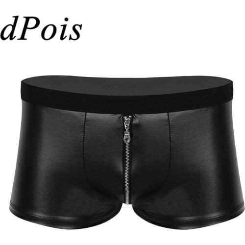 DPOIS Men Lingerie Wetlook Faux Leather Boxer Shorts Adults Costume Black Zipper Bulge Pouch Shorts Homme Carnival Clubwear