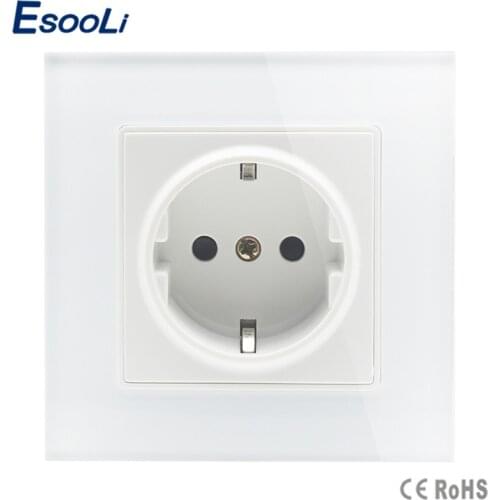 Esooli Free Shipping EU Standard Power Socket, AC 110~250V 16A Wall Power Socket, white Color tempered Crystal Glass Panel