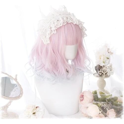 Gradual Pink White Lolita Wig Harajuku Fairy Bangs Dream Curly Short Sweet Fringe Cosplay Adult Kawaii Girls Hair