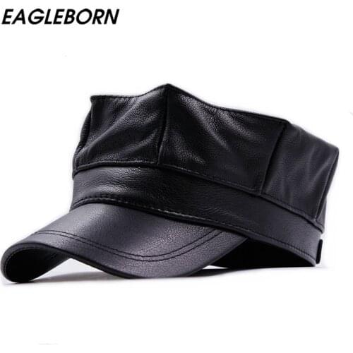 2021 High Quality Genuine Leather Flat Peak Military Hats for Women Mens Caps Autumn Winter Warm Caps Artists Hats