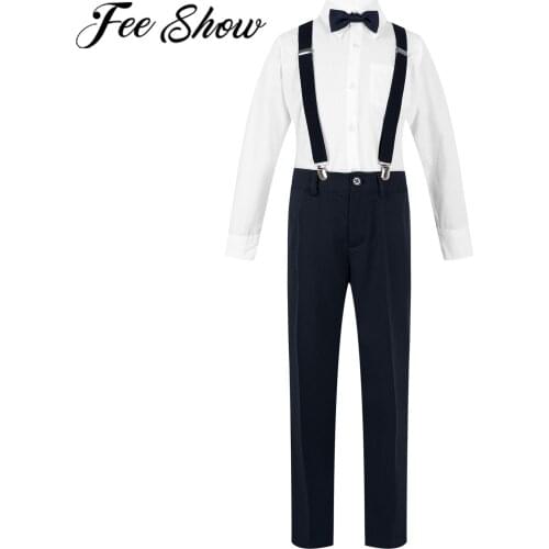 Gentleman Flower Boys Suit Kids Party Sets Bowtie + Long Sleeve White Shirt + Suspenders + Pants 4Pcs Wedding Suits for Boys
