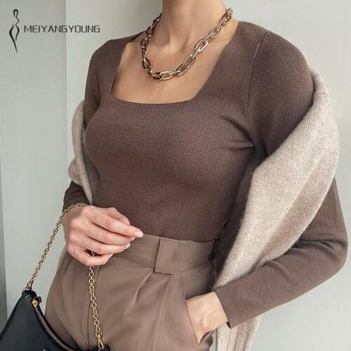MEIYANGYOUNG Winter Knitted Sweater Women Square Collar Slim Jumper Female 2021 Basic Pullovers Casual Knit Tops Warm Clothes