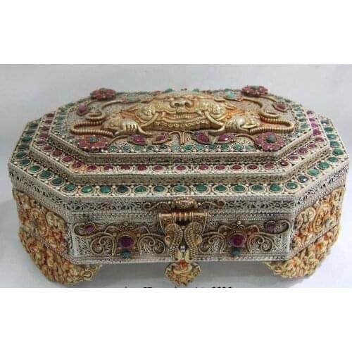 Nepal Copper Silver Gild inlay Ruby beryl Gem Garuda Bird God Jewelry box casket