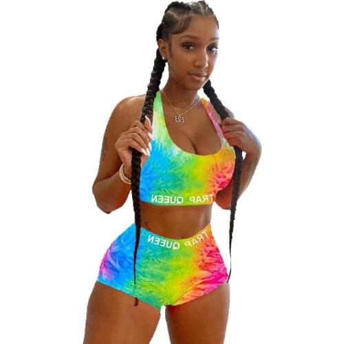 Tie Dye Bodycon Women Matching Set Sleeveless Fashion Casual Two Piece Outfits Basic Crop Top and Biker Shorts Sets 2020