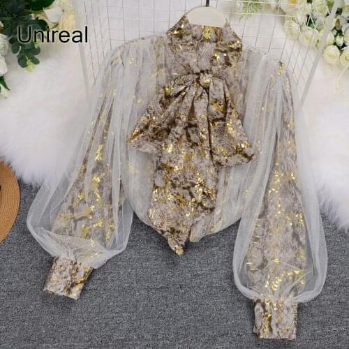 Unireal 2021 Autumn Vintage Women Blouse Long Sleeve Mesh Patchwork Serpentine Luxury Bow Gold Female Tulle Blouse