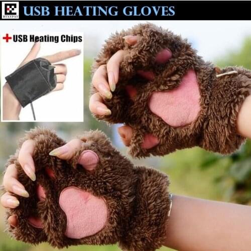 200p Child Separate Type USB Electric Heating Gloves,Women Hand Back Heated Cartoon Cat Claw Bear Paw Half Finger Fleece Gloves