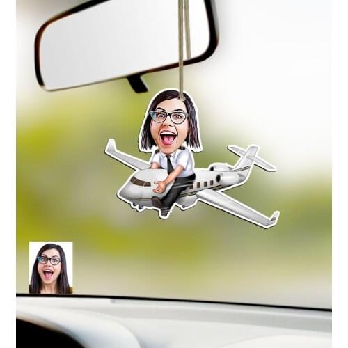 Personalized Women 'S Captain Pilot Caricature Of Wood Car Rearview Mirror ornament