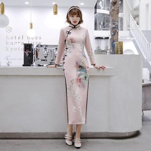 Retro Improved Cheongsam Chinese Lady Long Sleeve Dress Elegant Floral Qipao Vintage Buckle Women Party Dresses Vestidos 12086