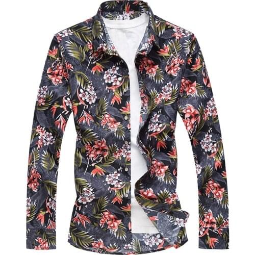 Plus Size 6XL 7XL Multiple Color New Autumn Men Flower Printed Hawaii Shirt Slim Long Sleeve Casual Dress Shirt Camisa Masculina