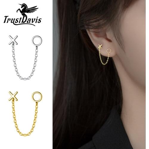 TrustDavis Real 925 Sterling Silver Fashion Sweet XO Chain Charm Stud Earrings For Women Wedding Party Fine S925 Jewelry DA2304