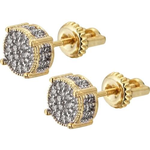 Hip HOP Pure Gold Plating Earrings CZ Bling Ice Out Stud Earring Cubic Zironia Stone Round 8mm Earrings for Men Women Couple