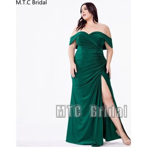 Green Plus Size Evening Dress Long Mermaid Off The Shoulder Satin Formal Dresses With Slit Sexy Women Prom Party Gowns Customize