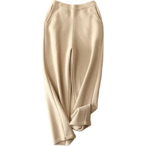 Pure 100% Pure Cashmere Pants Women Warm Soft Knitted Trousers Fashion Wide-leg pants