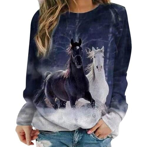 40# Women T-shirts Round Neck Horse Animal Printed Splicing Long Sleeves Harajuku T-shirts Easy Tops Женские Футболки Футболка