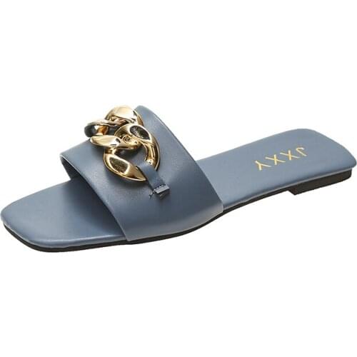 Women Flat Slippers Square Open Toe Home Slides Female 2021 New Orange Chain Summer Shoes Woman Fashion Blue Jelly Home Slipper