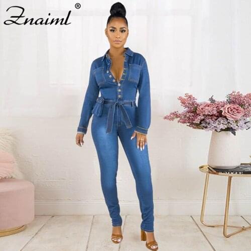 Znaiml Streetwear Denim Blue Sexy Bodycon Jumpsuit Women Overalls Rompers 2021 Long Sleeve Sashes Skinny Summer Outdoor Wear