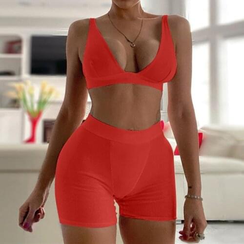 Women 2 Piece Set Fitness Yoga Workout Sport Outfits Suits Summer Tracksuits Sportswear Sexy V Neck Crop Top Vest+Cycling Shorts