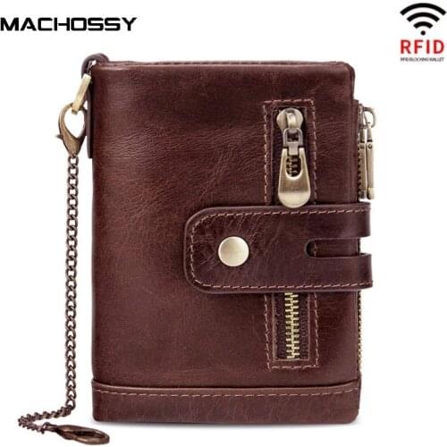 RFID 100% Genuine Leather Men Wallet Coin Purse Small Mini Card Holder Chain PORTFOLIO Portomonee Male Walet Pocket