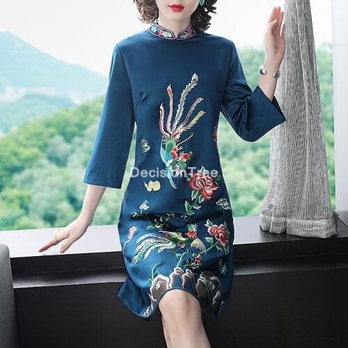 2021 chinese flower embroidery cheongsam dress vintage chinese qipao women party dresses vestidos ladies vintage cheongsam dress
