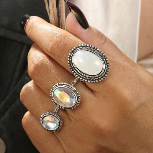 3PCS/SET Classic White Opal Rings Set For Women Vintage Crystal Charms Engagement Ring Costume Jewelry Accessories