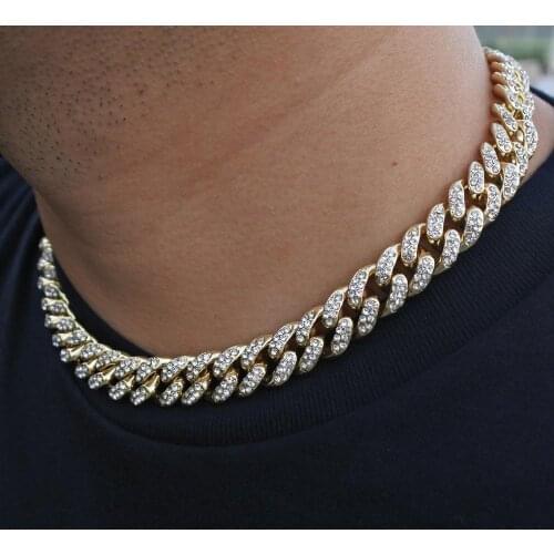 13mm iced out cuban chain bling hip hop mens heavy necklace red black blue crystal 2 tone gold color punk singer cz rap jewelry