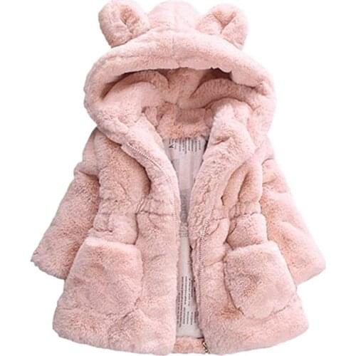 Baby Girls Winter Fleece Coat Kids Faux Fur Jacket with Hood for 1-8Years Girls Toddler Girl Thicken Warm Overcoat Outerwear