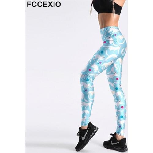 FCCEXIO New Print Blue Cat Leggings Gothic Sexy Plus Size High Waist Push Up Workout Leggings Women Fitness Pants Leggins Mujer