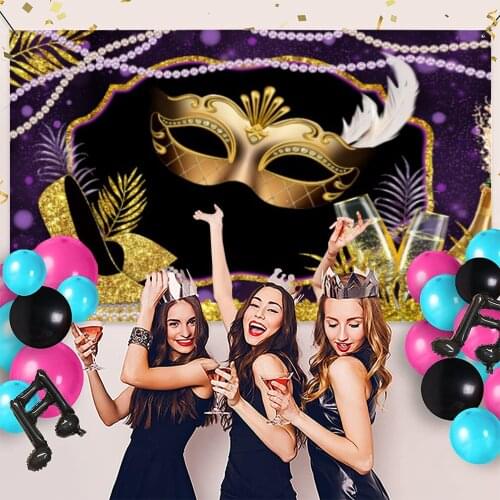 Backdrop Luxurious Purple Mask Carnival Photography Background Glitter High Heel Champagne Glasses Magic Wand Birthday PartyDeco