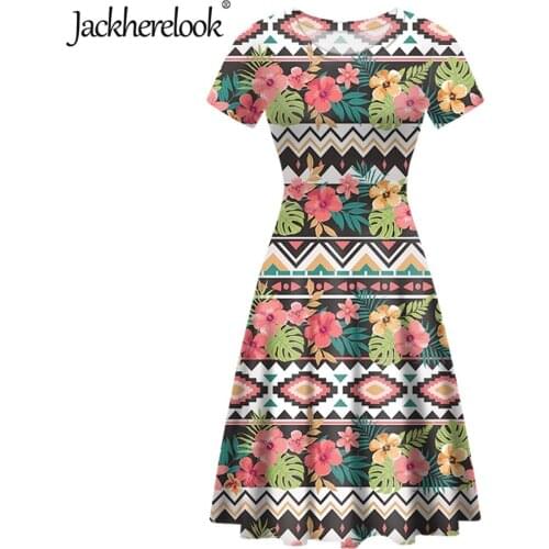 Jackherelook Hawaii Hibiscus Ethnic Mix Tropical Flower Print Women Short Sleeved Dress Summer Beach Midi A-Line Swing Vestidos