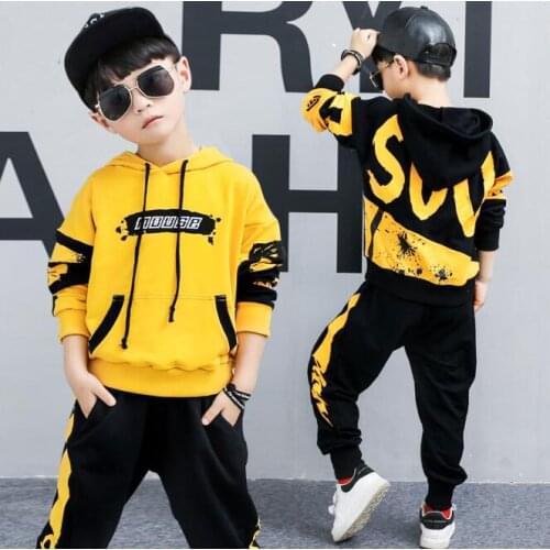 2 Pieces Big Boys Clothing Set Cotton Fashion Long Sleeves Hoodies + Haren Pants Yellow Black Outfits For 6 8 10 12 14 Years