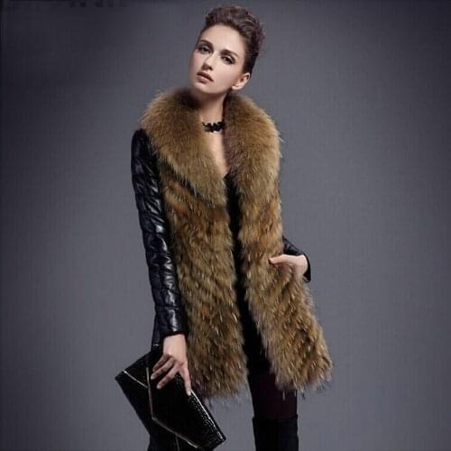 Womens Winter Warm Fashion Long Leather Jacket Female long White Duck Down Leather Coats large Real Raccoon Fur Collar Jacket