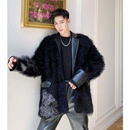 Mens Black Hippocampus Leather Loose Casual Thick Warm Patchwork Jacket Long Sleeve Coat N25