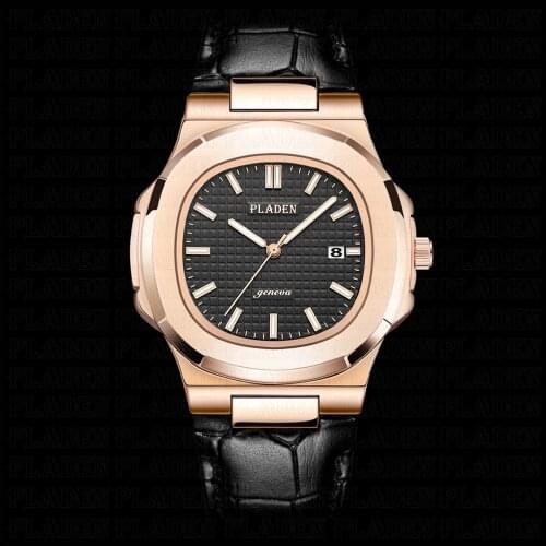 2021 PLADEN Quartz Watches For Men Fashion Genuine Leather Strap Sport Wristwatch Luxury Rose Gold Case Business Clock Free Ship