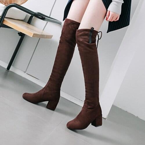 New Over The Knee Womens Boots Flock Slip-on Long Boots Female Round Toe Sping High Heels Women High Boots Fashion Lady Shoes