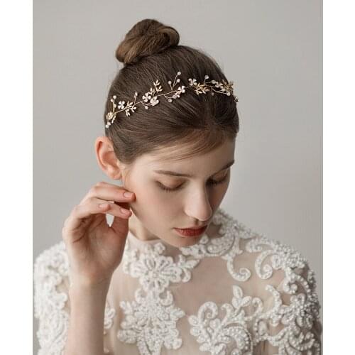 Romantic Sweetheart Bridal Headdress Alloy Leaves Rhinestone Ceramics Flower Hair Hoop for Wedding Perform Studio Travel O354