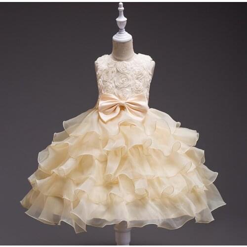 Flower Girl Dress 2020 Knee Length Lace Bow Ruffles 3D Flowers Princess Dresses For Girl Wedding Evening Party Short Ball Gown