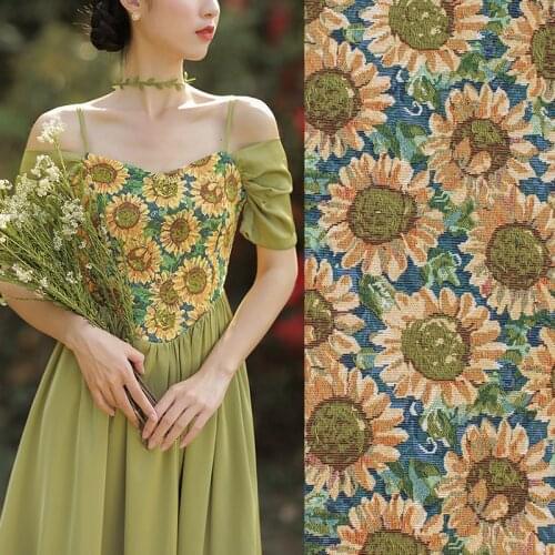 Sunflowers on deep blue jacquard fashion fabric for dress coat tecido cheap fabric tecidos para roupa shabby chic DIY vestidos
