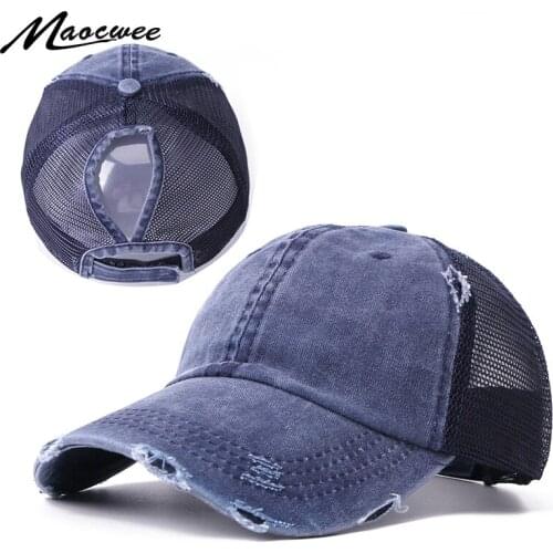 Casual Baseball Cap Sun hat Denim Retro Ponytail Adjustable Net Cap Hip Hop Boy Girl Cap Velcro closure Spring Summer Outdoor
