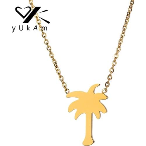 YUKAM Simple Coconut Tree Pendant Necklaces Stainless Steel Gold Palm Tree Clavicle Chain Choker Necklaces for Women BFF Jewelry